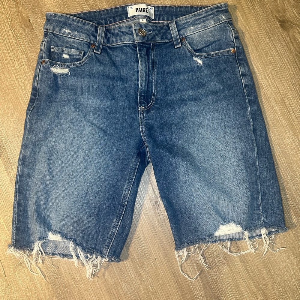 PAIGE Denim Cutoff Bermuda Shorts Size 27 Distressed Raw Hem Mid Rise